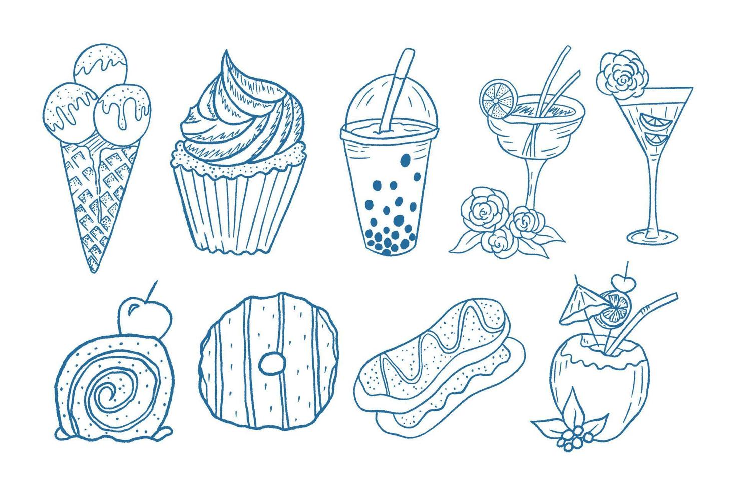 Outline Doodle Snacks Food Illustration Collection, Coloring Book vector