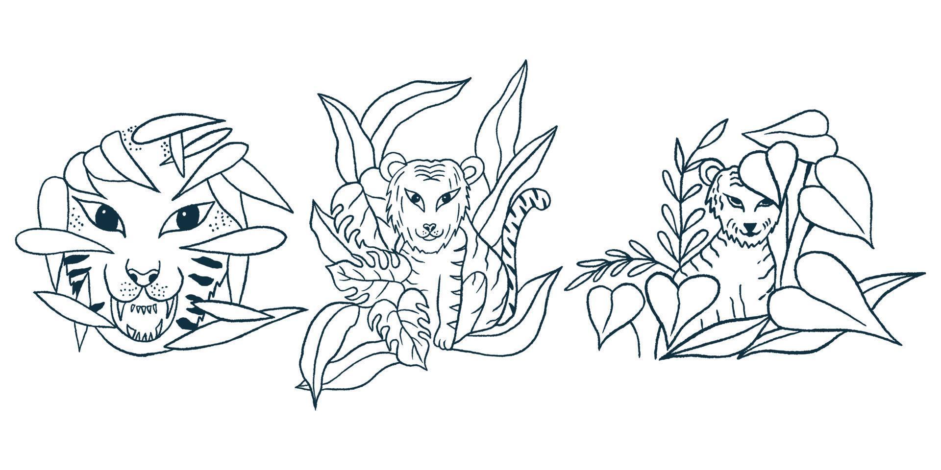 Outline Doodle Tigers Collection for Kids Educational, Coloring Book vector