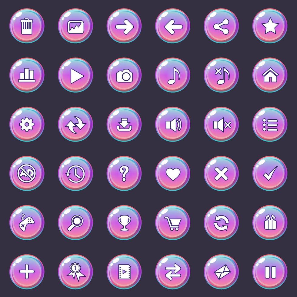 Buttons and icon set design for game or web is gradient color. Vector illustration.