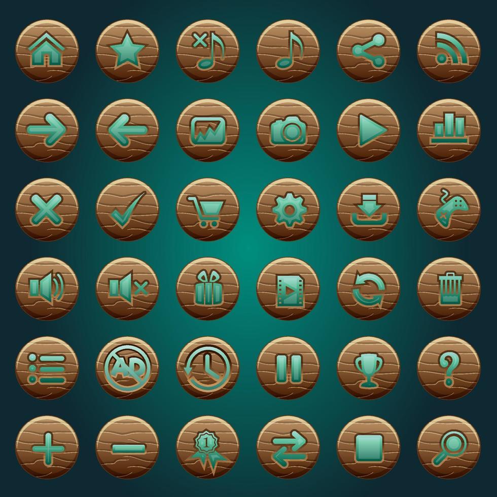 GUI buttons wood icons set for game interfaces green. vector