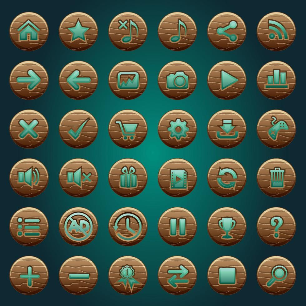 botones de interfaz gráfica de usuario iconos de madera para interfaces de juego verde. vector