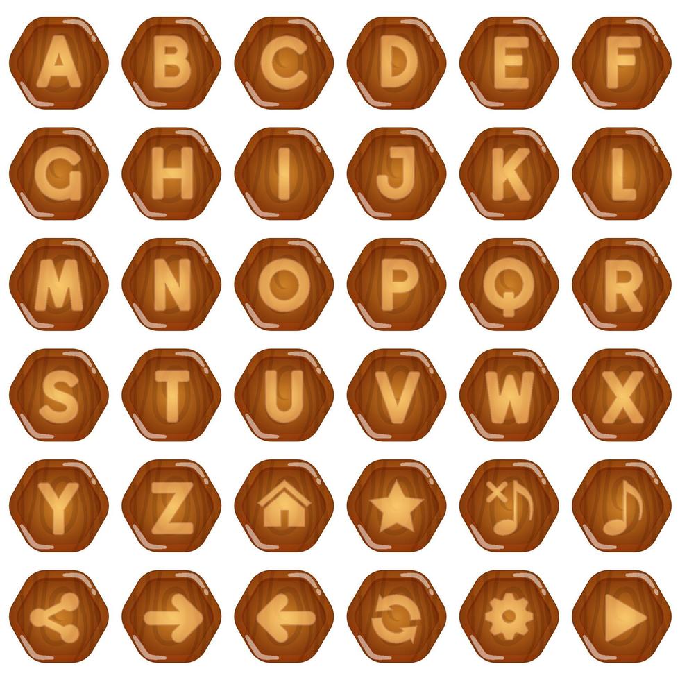 Hexagon buttons wood for a to z alphabet words game. vector