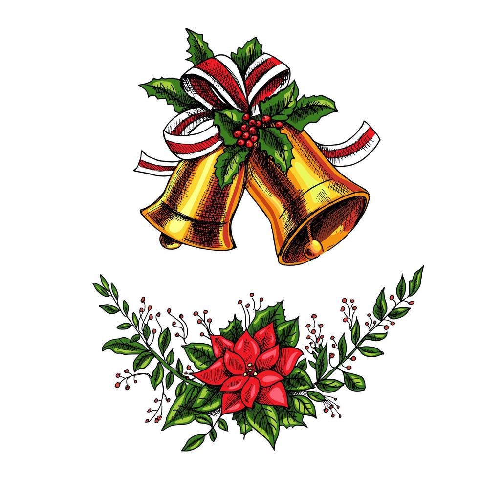 Hand-drawn christmas  bells with a ribbon, leaves and berries isolated on a white background.  A hand-drawn sketch of an elegant branch with berries and poinsettia. Vector illustration.