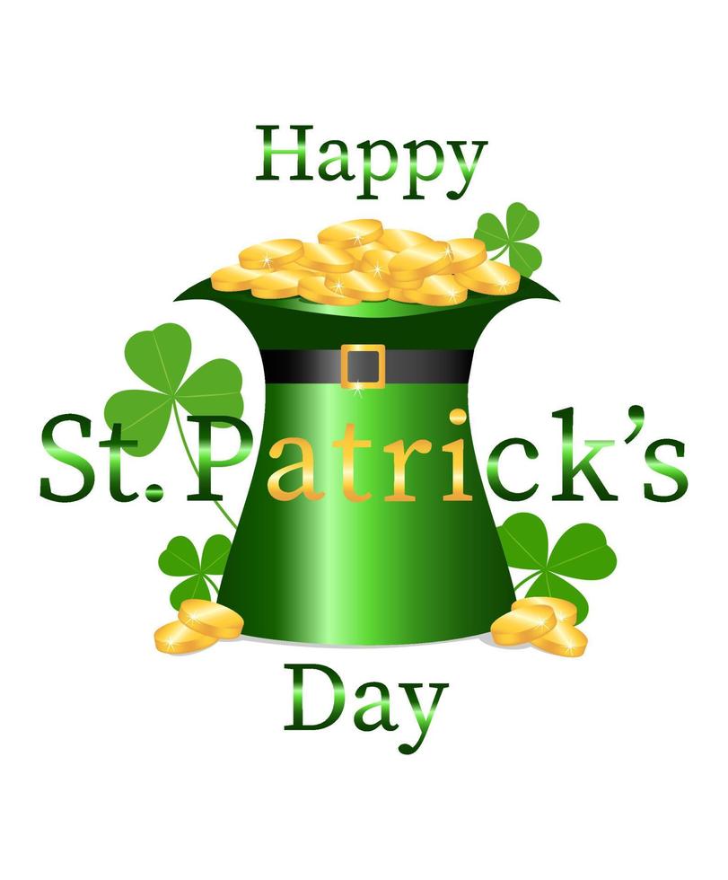 Happy St. Patrick's Day on white background. Greeting card, poster, banner. Hat with coins, clover, text. Vector illustration.