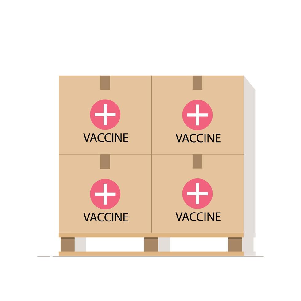 Pallet with boxes of covid-19 vaccine isolated on white background. Warehouse with vaccines. Anti virus campaign. Vector illustration.