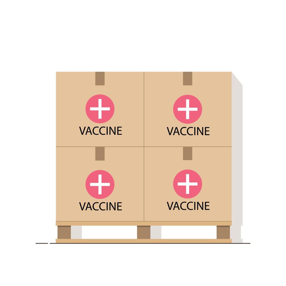 palet con cajas de vacuna covid-19 aislado sobre fondo blanco. almacén con vacunas. campaña antivirus. ilustración vectorial. vector