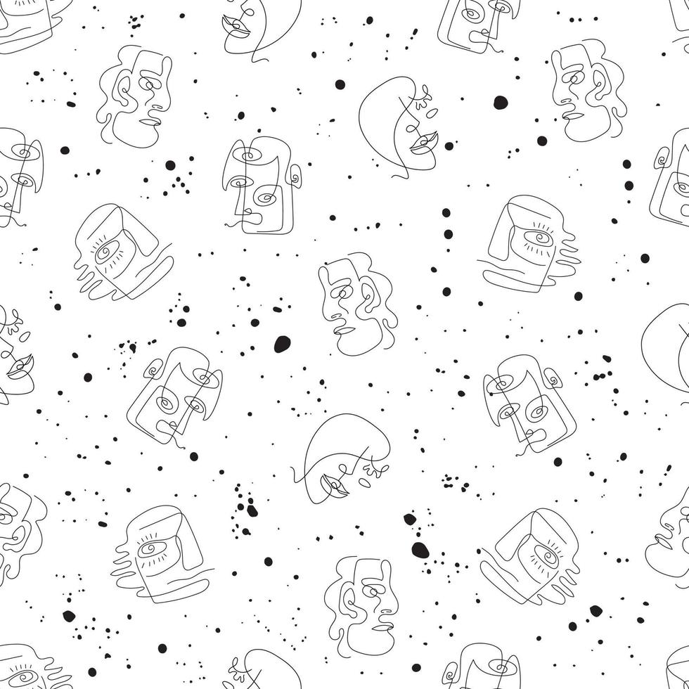 Elegant seamless pattern with abstract faces people and spray watercolor on white background. Abstract portrait, ink blots. For textile, cover, print. wrapping paper, package. Vector illustration.