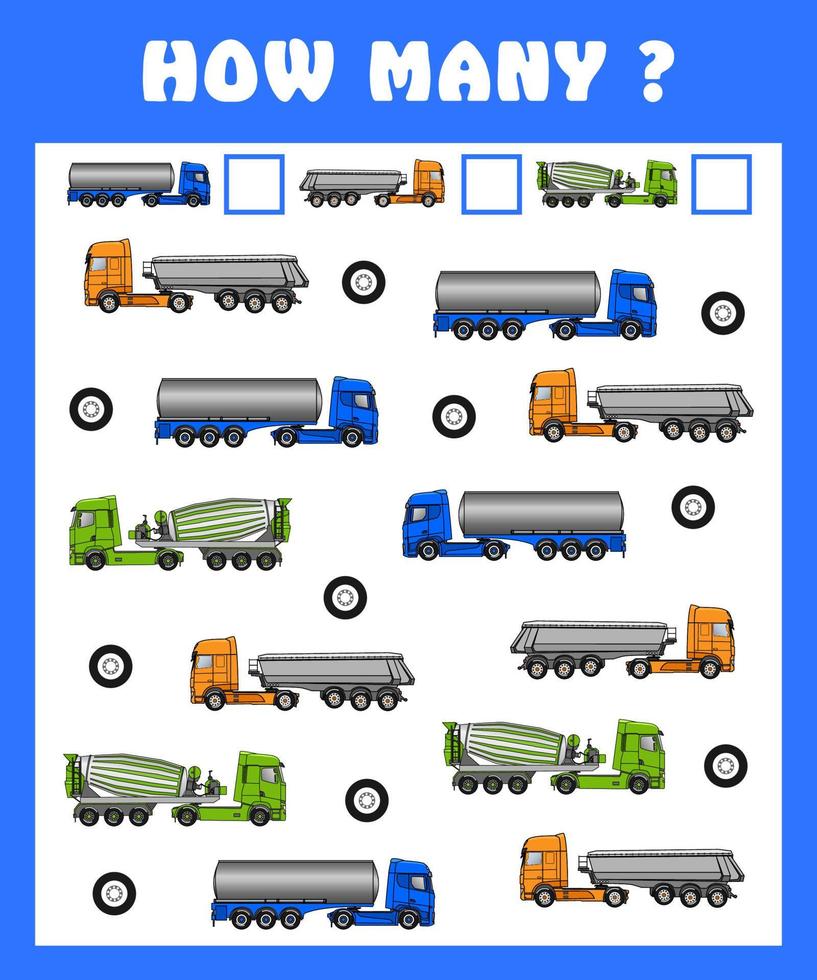 Counting game for preschool children. Count how trucks and write the result. Vector illustration in cartoon style.