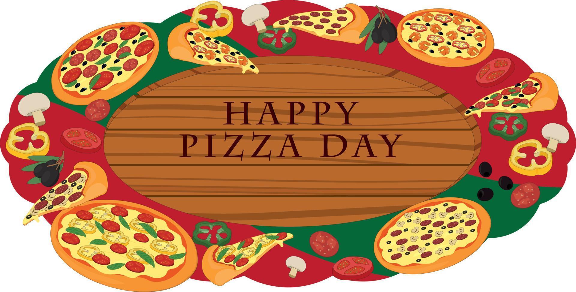 Feliz día de la pizza letrero de madera decorado con pizza e ingredientes ilustración vectorial vector