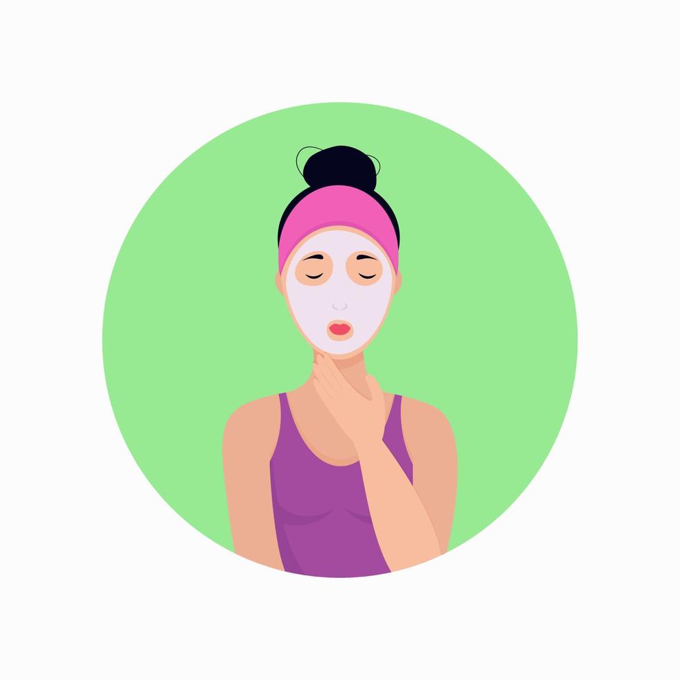 A girl in a T-shirt with a cosmetic clay mask on her face is drawn in a flat style vector