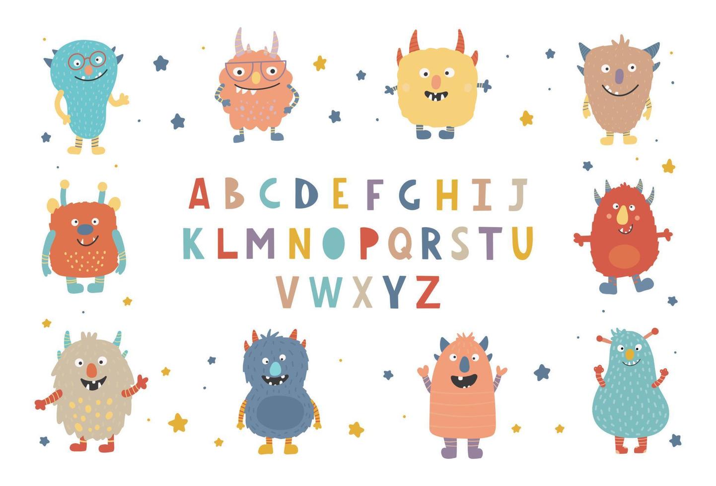 colorido conjunto de lindos monstruos. colección de lindos personajes de dibujos animados en estilo escandinavo simple dibujado a mano. fuente decorativa para niños del alfabeto abc. lindo alfabeto de colores. letras de bebé. vector