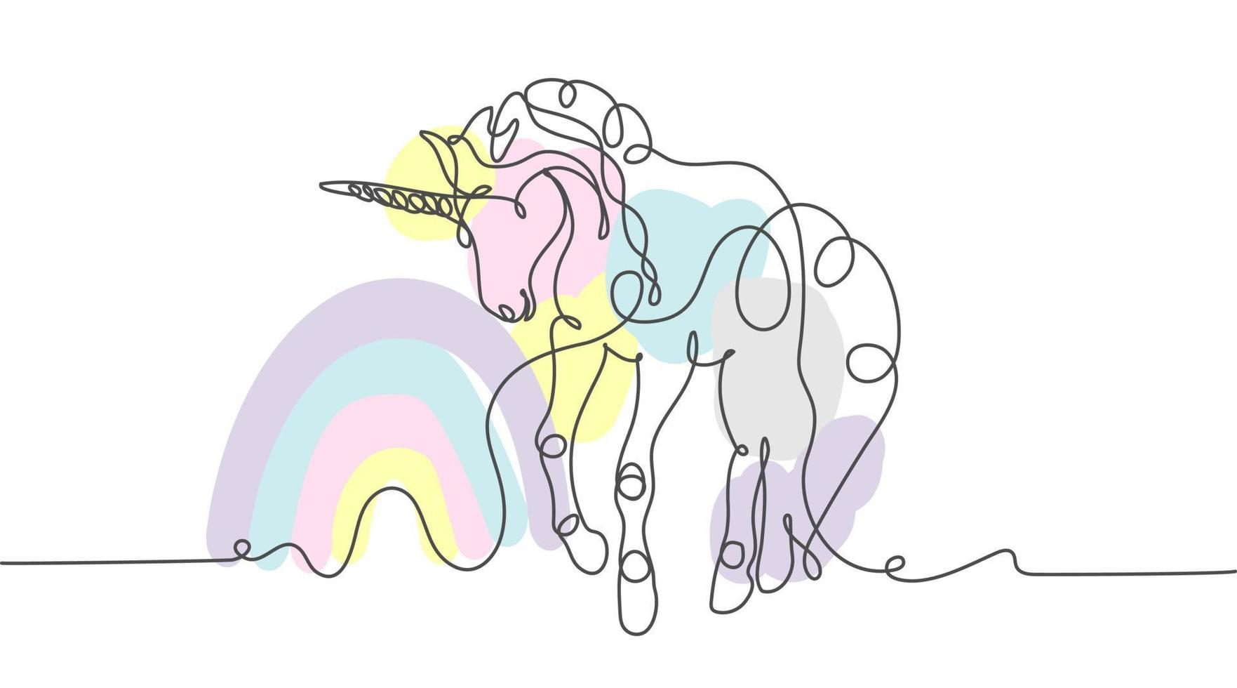 Unicorn outline with rainbow in minimalist style. Continuous solid line drawing. vector