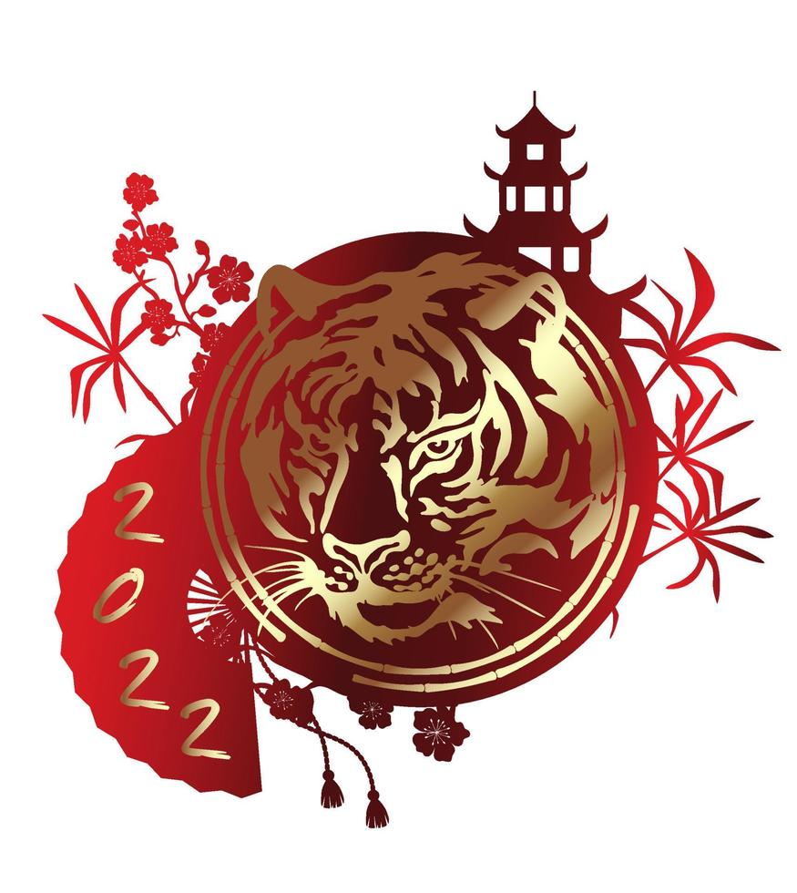 Tiger head. Gold silhouette of a tiger head, on a red background from a circle, a Chinese pagoda, a fan and a bamboo. Chinese New Year symbol isolated on white background. vector