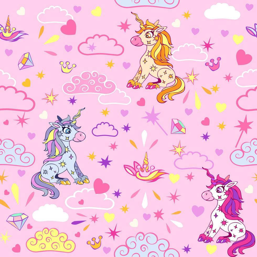 Seamless pattern with cute magical unicorns in the sky with colorful clouds, moon and stars. vector