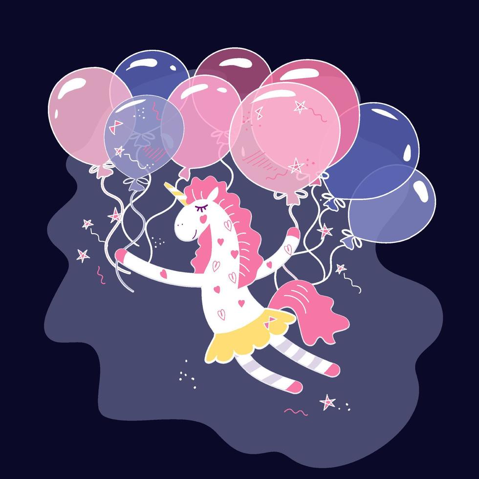 magical unicorn flies on balloons with stars and hearts. Happy birthday greeting card. Handwritten font and flat hand drawn picture isolated from background. vector