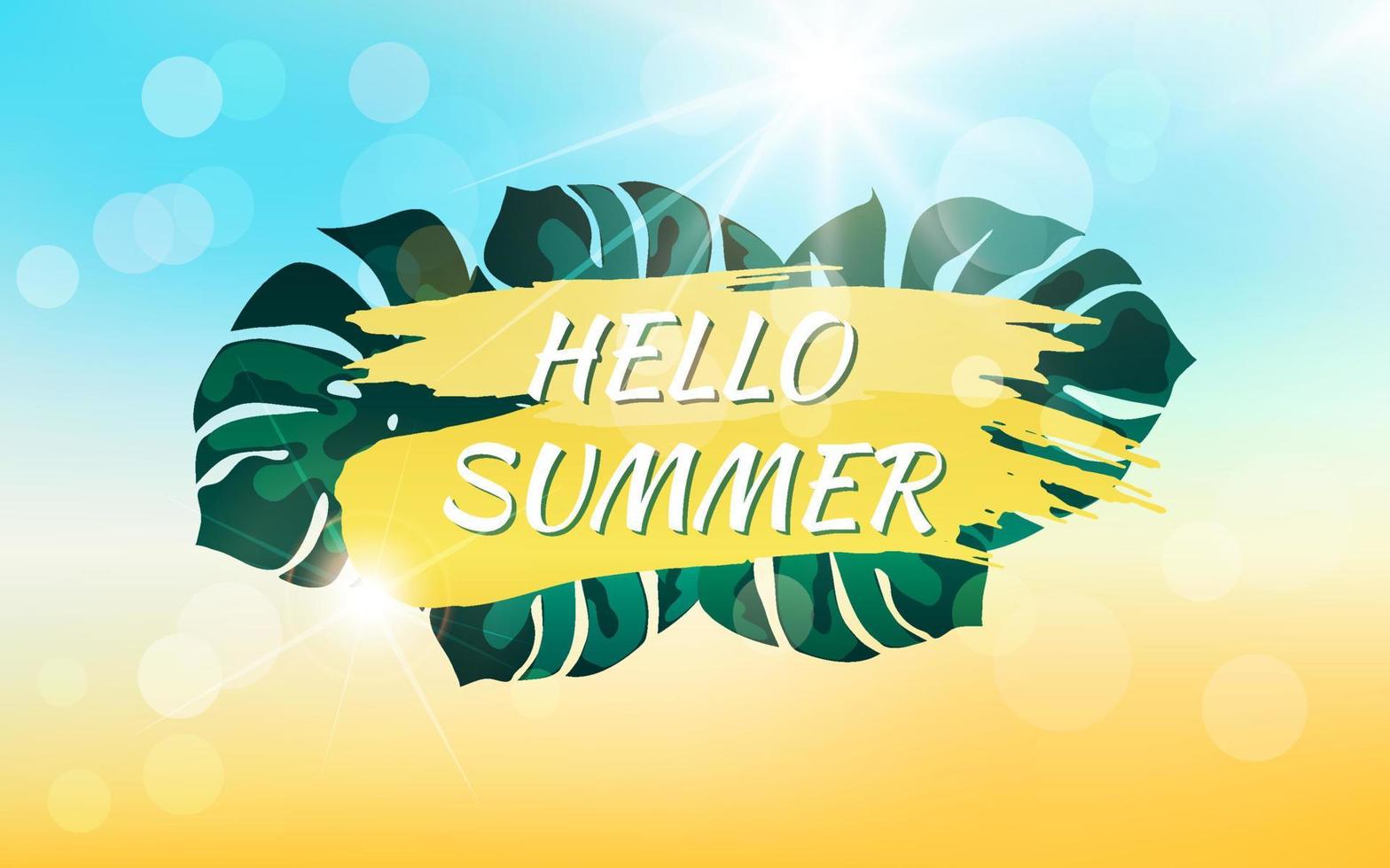 Abstract summer background with sunbeams, bokeh effect and text. HELLO SUMMER. Illustration of monstera leaves, sand clouds and sky with bright sun. vector