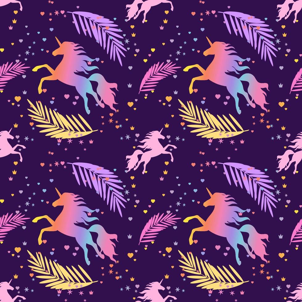 Seamless rainbow pattern with flying unicorns, hearts, crowns and stars on a dark background. vector
