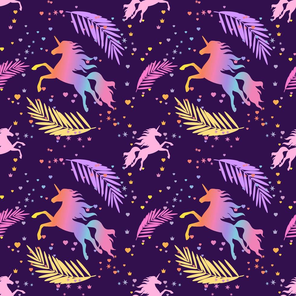 Seamless rainbow pattern with flying unicorns, hearts, crowns and stars on a dark background. vector