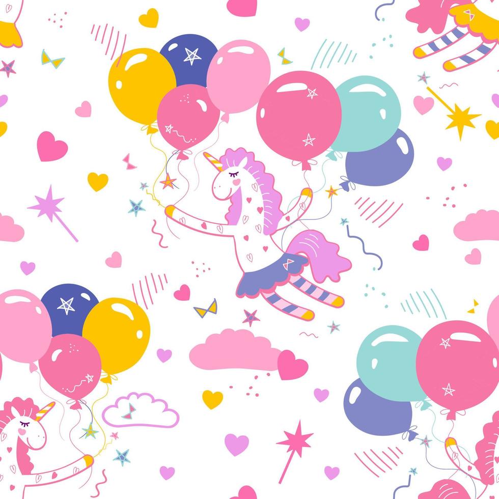 Seamless pattern with cute magical unicorns in the sky with colorful clouds, hearts and balloons. vector