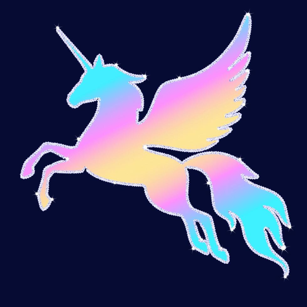 Silhouette of rainbow flying unicorn with glitter and sparkles. Rainbow silhouette of a pegasus on a dark background. vector