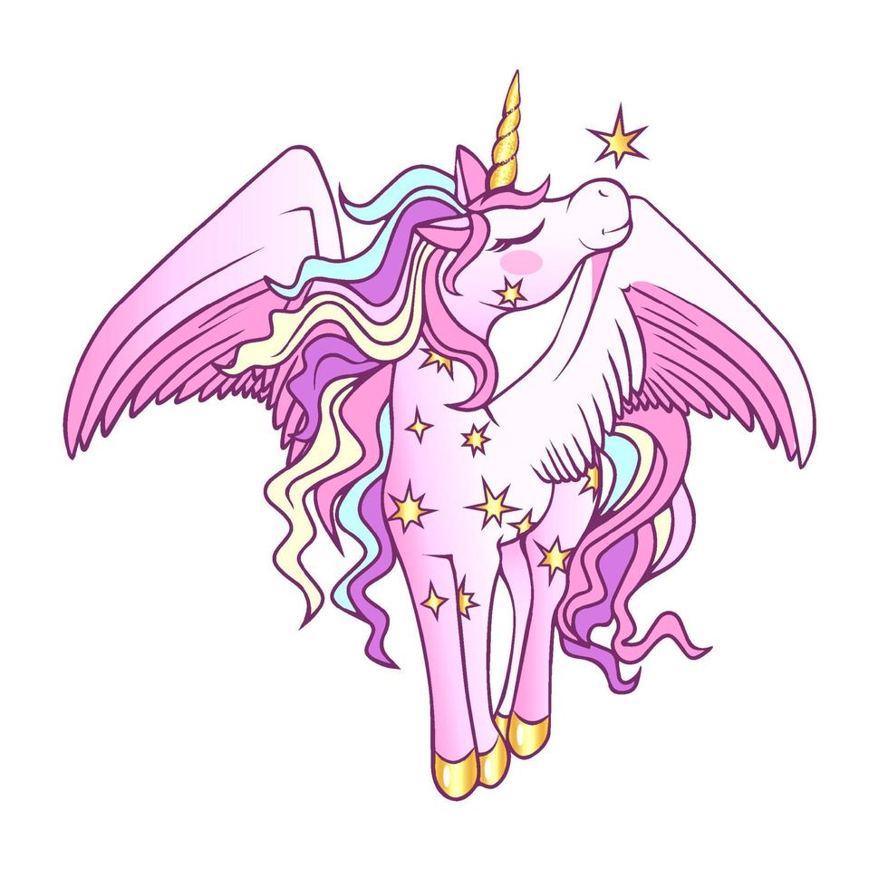 lindo unicornio mágico alado con estrellas. contorno negro. colorante. vector