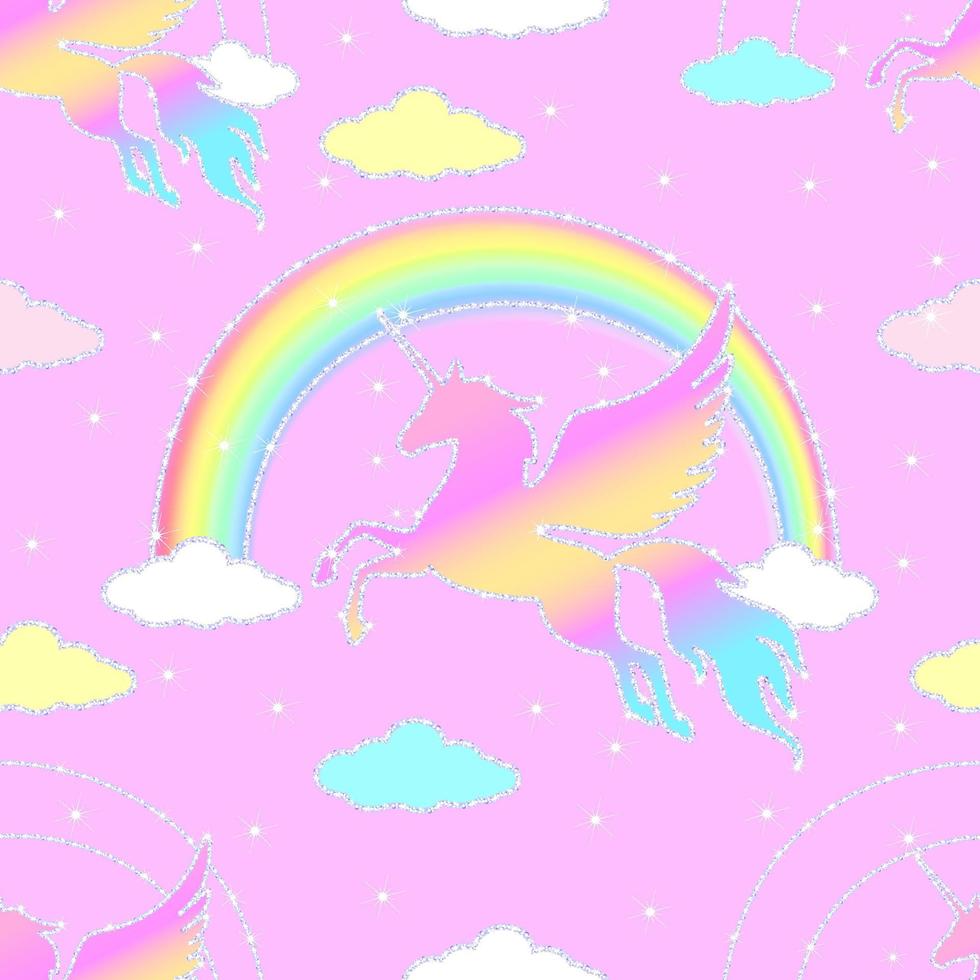Flying unicorns silhouettes seamless pattern. Pink and blue pegasus silhouettes on a pink background with a rainbow. vector
