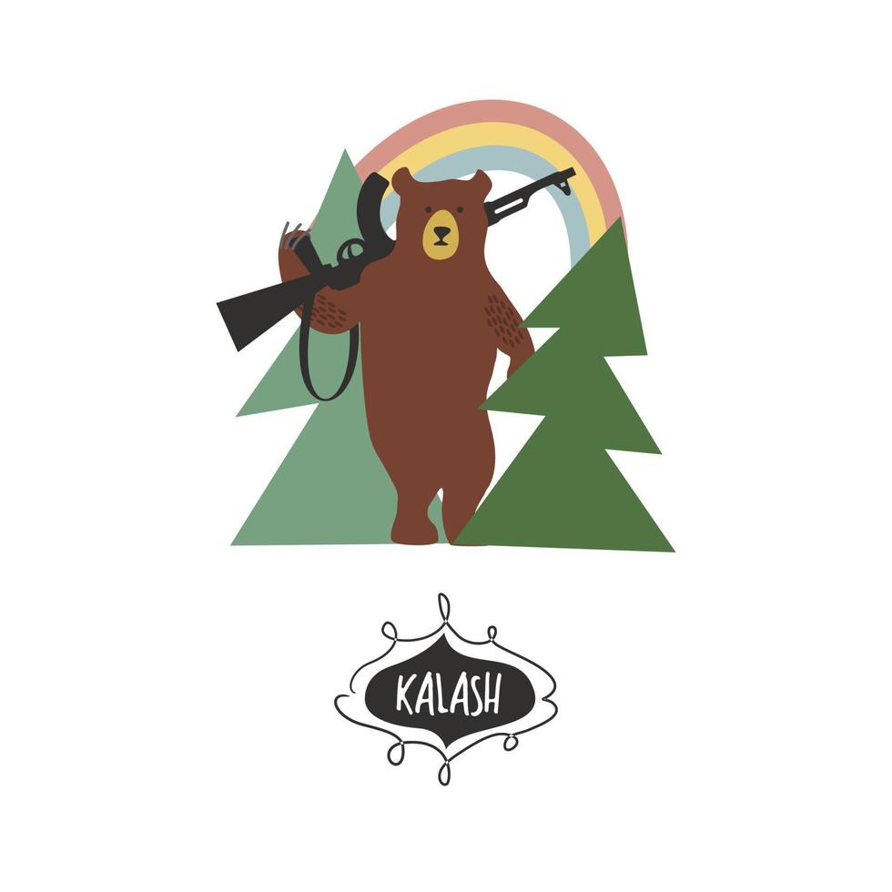 Bear with a Kalashnikov in the woods. Vector illustration.