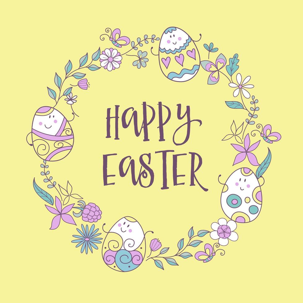 Easter wreath of flowers and Easter cartoon eggs. vector