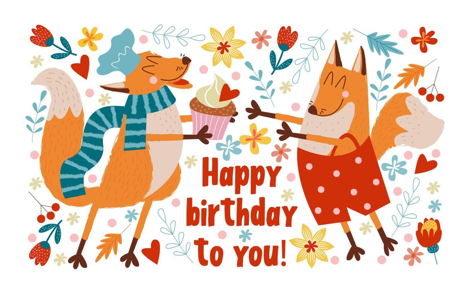 feliz cumpleaños. ilustración vectorial con lindos zorros amorosos. vector