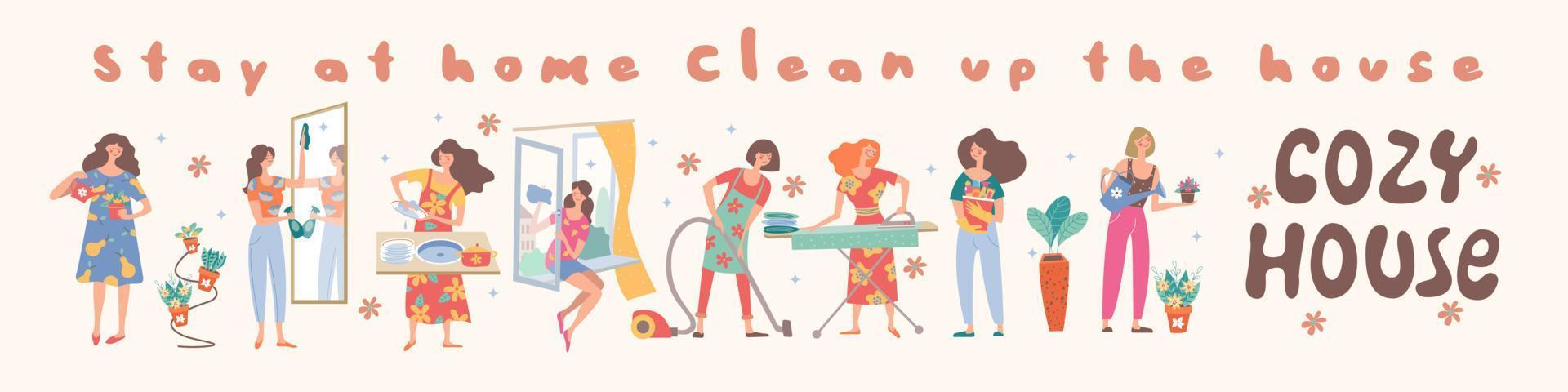 Stay at home, clean up the house. Cute housewife doing the housework. Vector collection.
