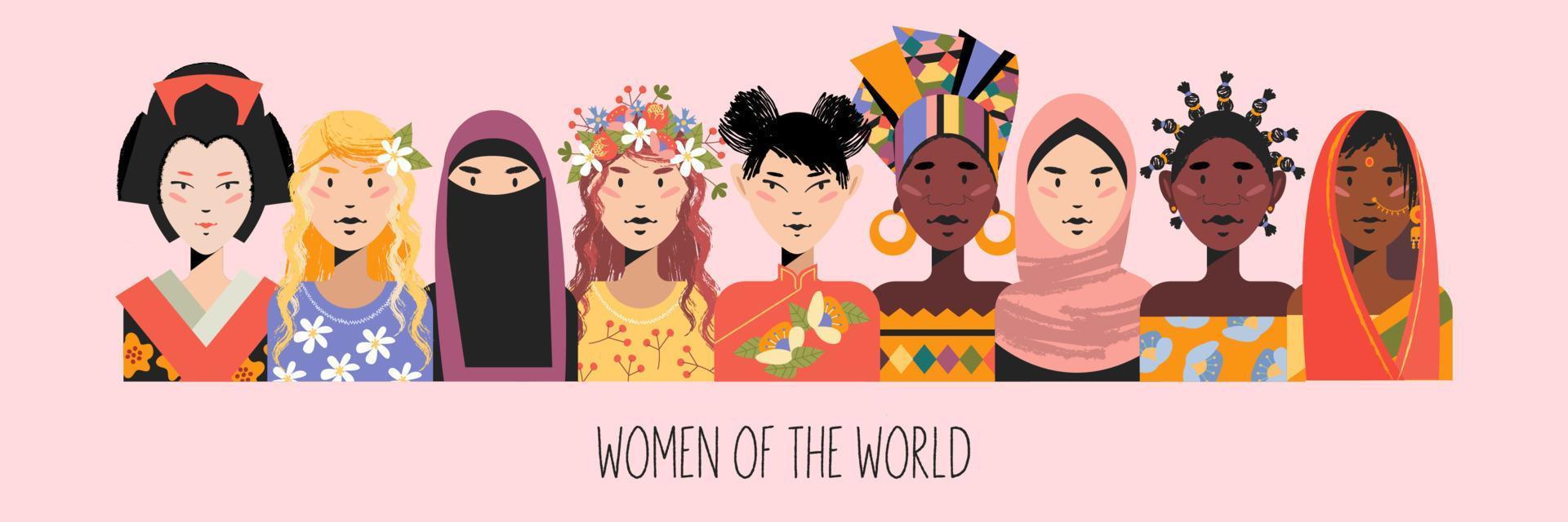 Women from all over the world. Women in traditional outfits. Vector illustration.
