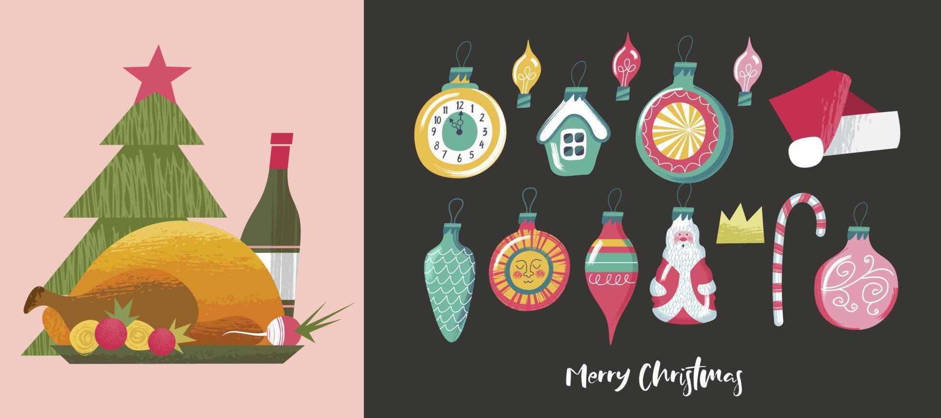 A set of elements to create your Christmas design. Baked Turkey, wine, Christmas decorations. Vector illustration.