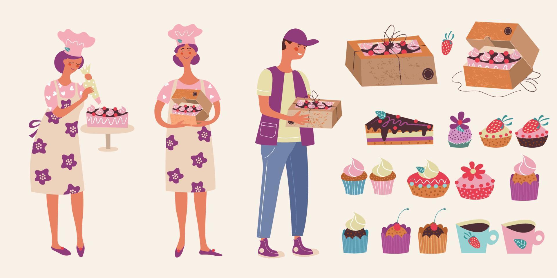 Confectionery. Nice woman pastry chef and delivery courier. Vector illustration.