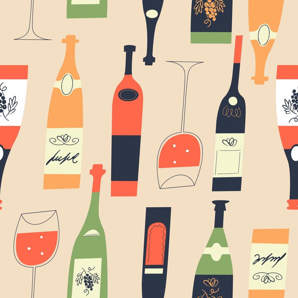 Seamless pattern of wine bottles and glasses. Vector illustration.