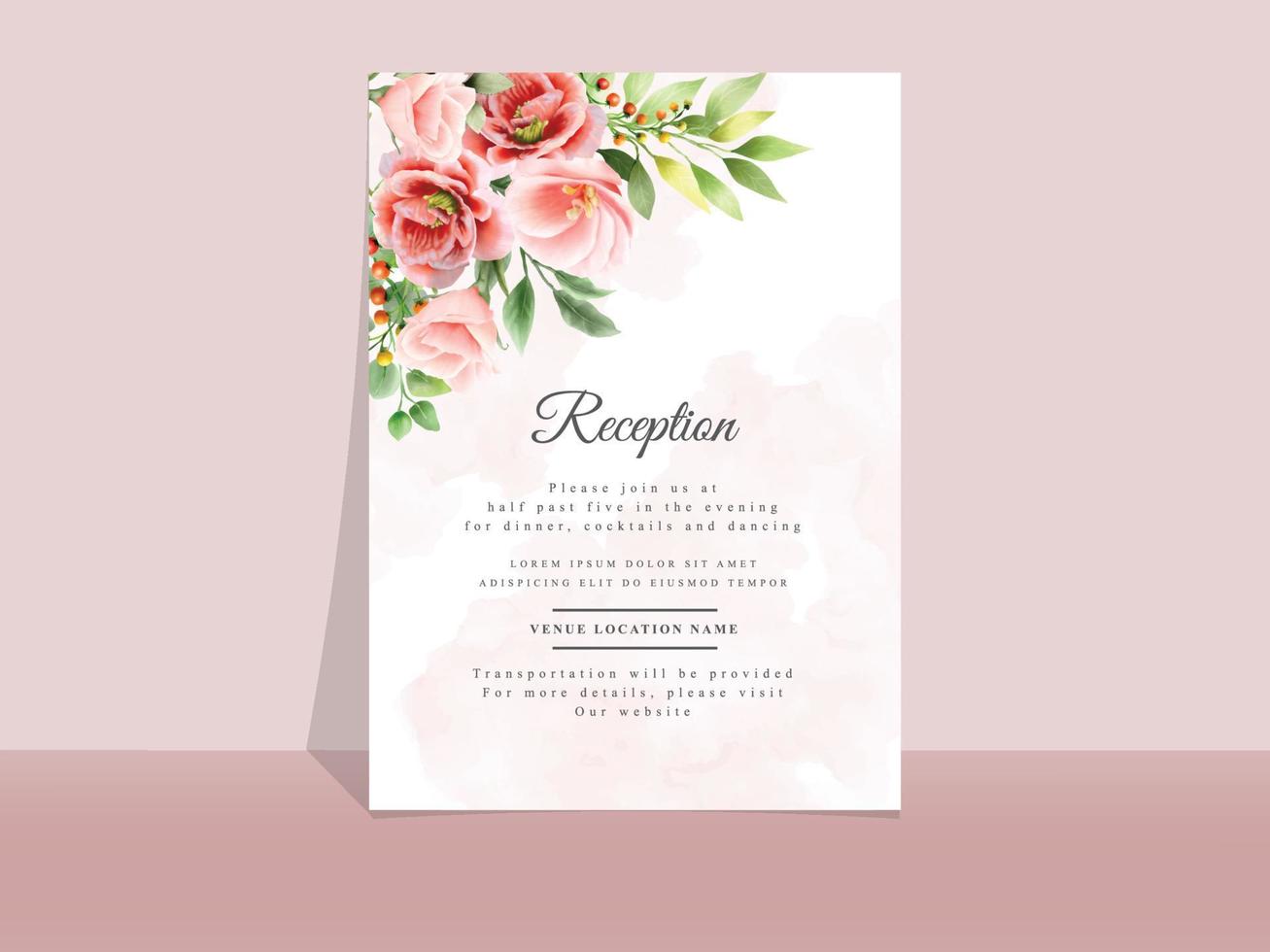 Wedding invitation card template red flowers theme vector