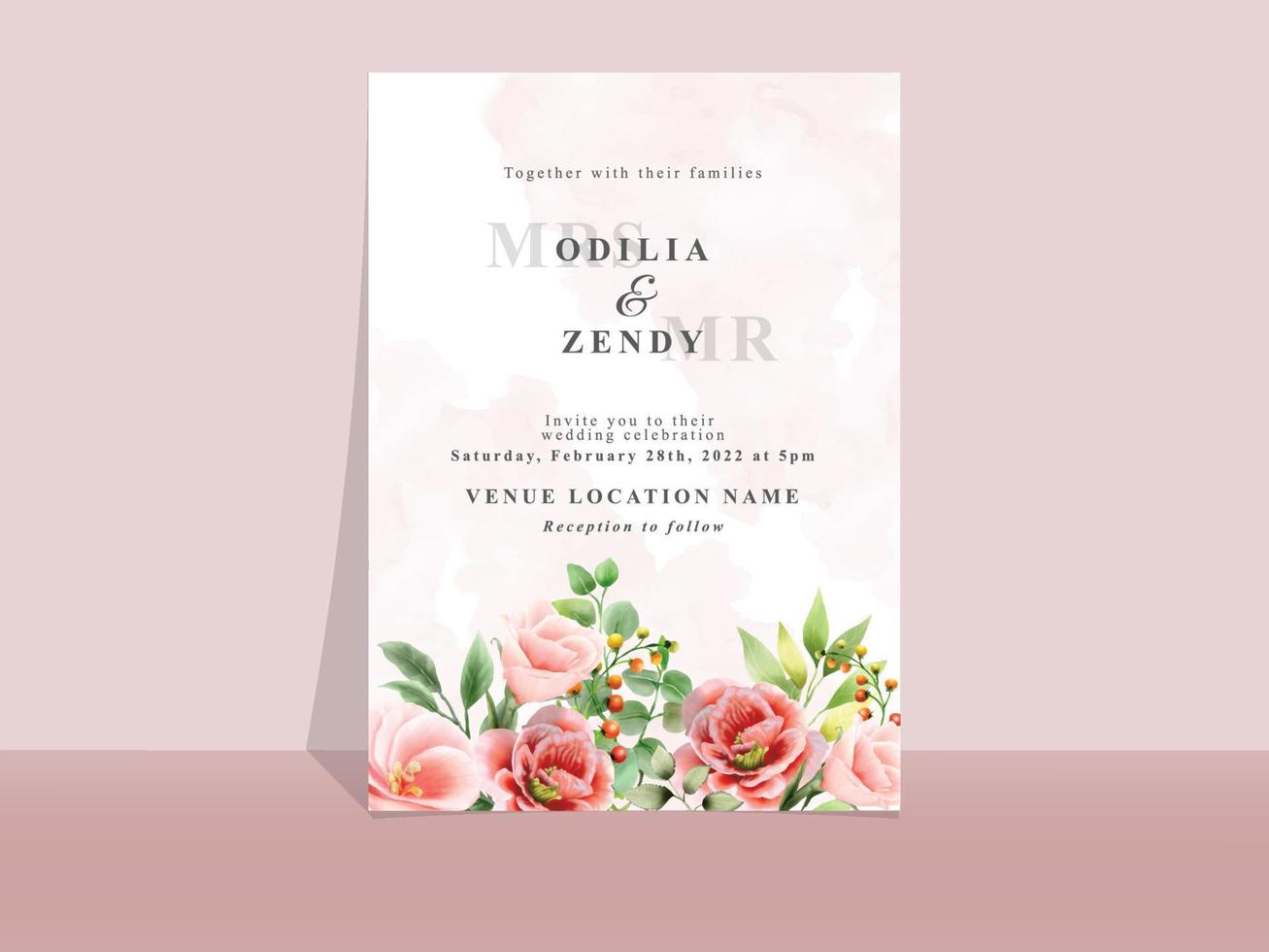 Plantilla de tarjeta de invitación de boda tema de flores rojas vector