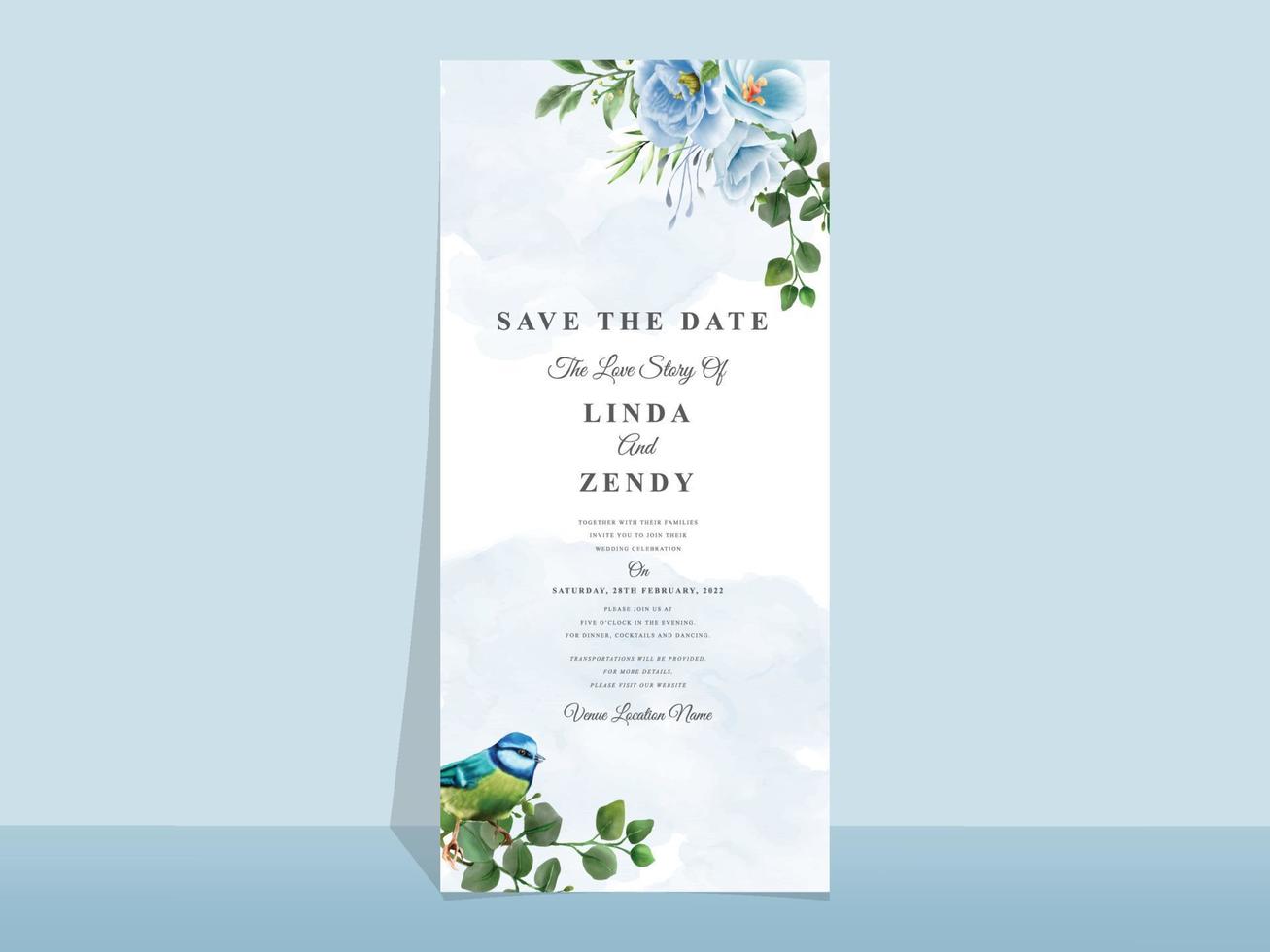 plantilla de tarjeta de invitación de boda tema de flores azules vector