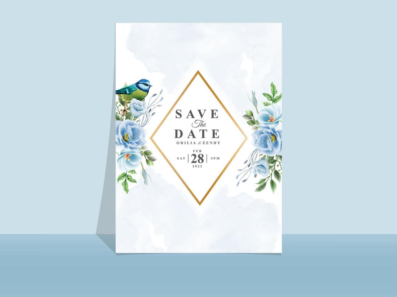 Wedding invitation card template blue flowers theme vector