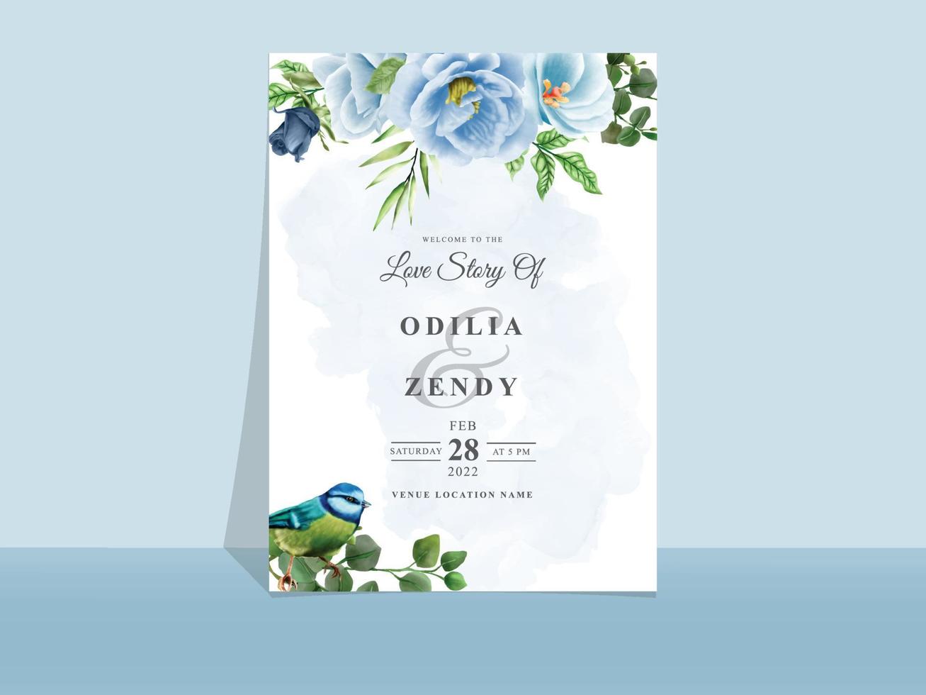 Wedding invitation card template blue flowers theme vector