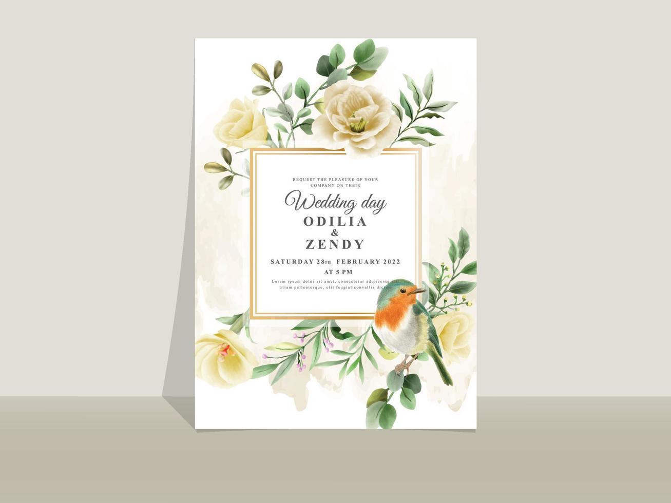 plantilla de tarjeta de invitación de boda tema de flores amarillas vector