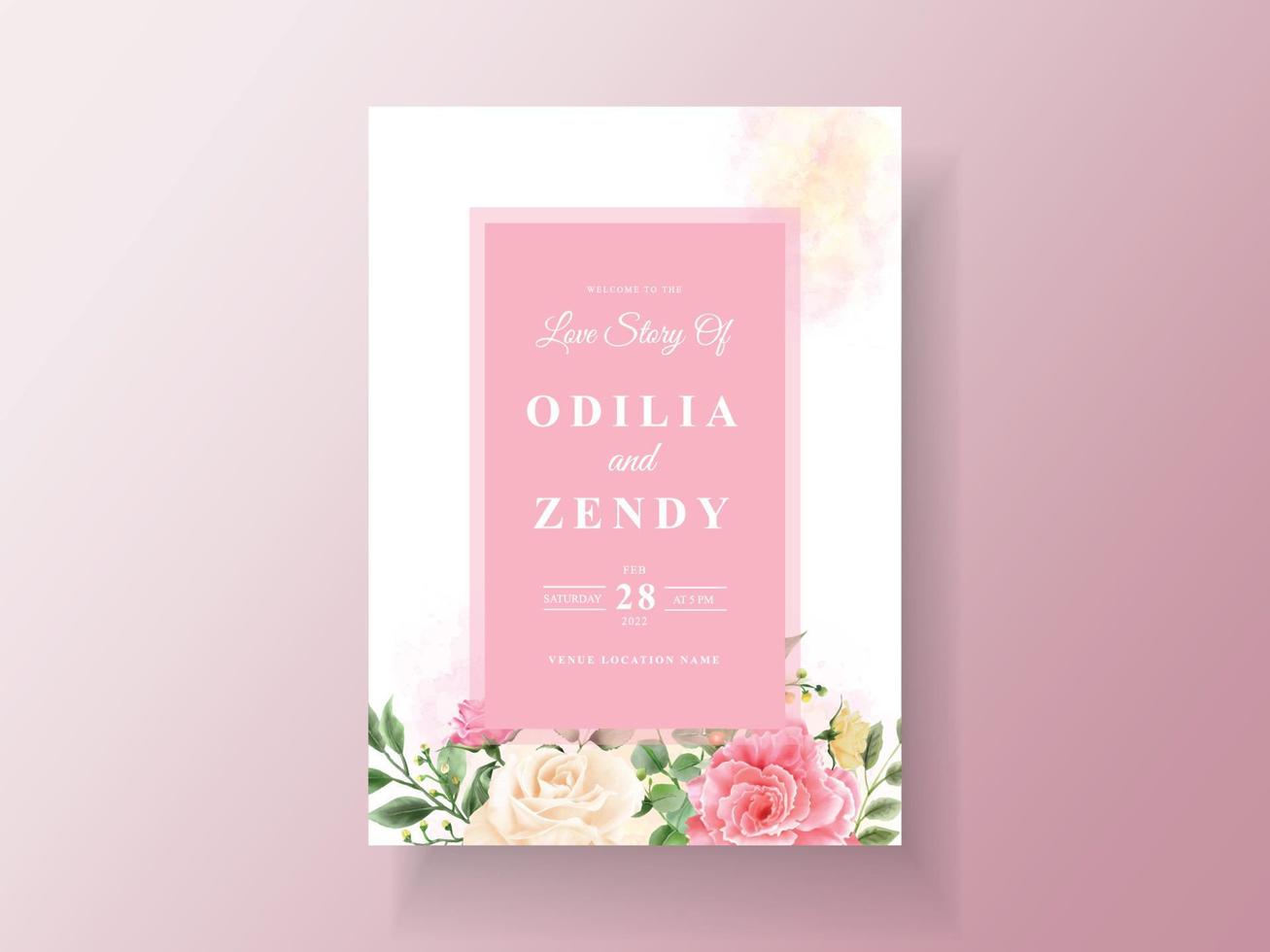 Beautiful pink and yellow flowers wedding invitation card vector