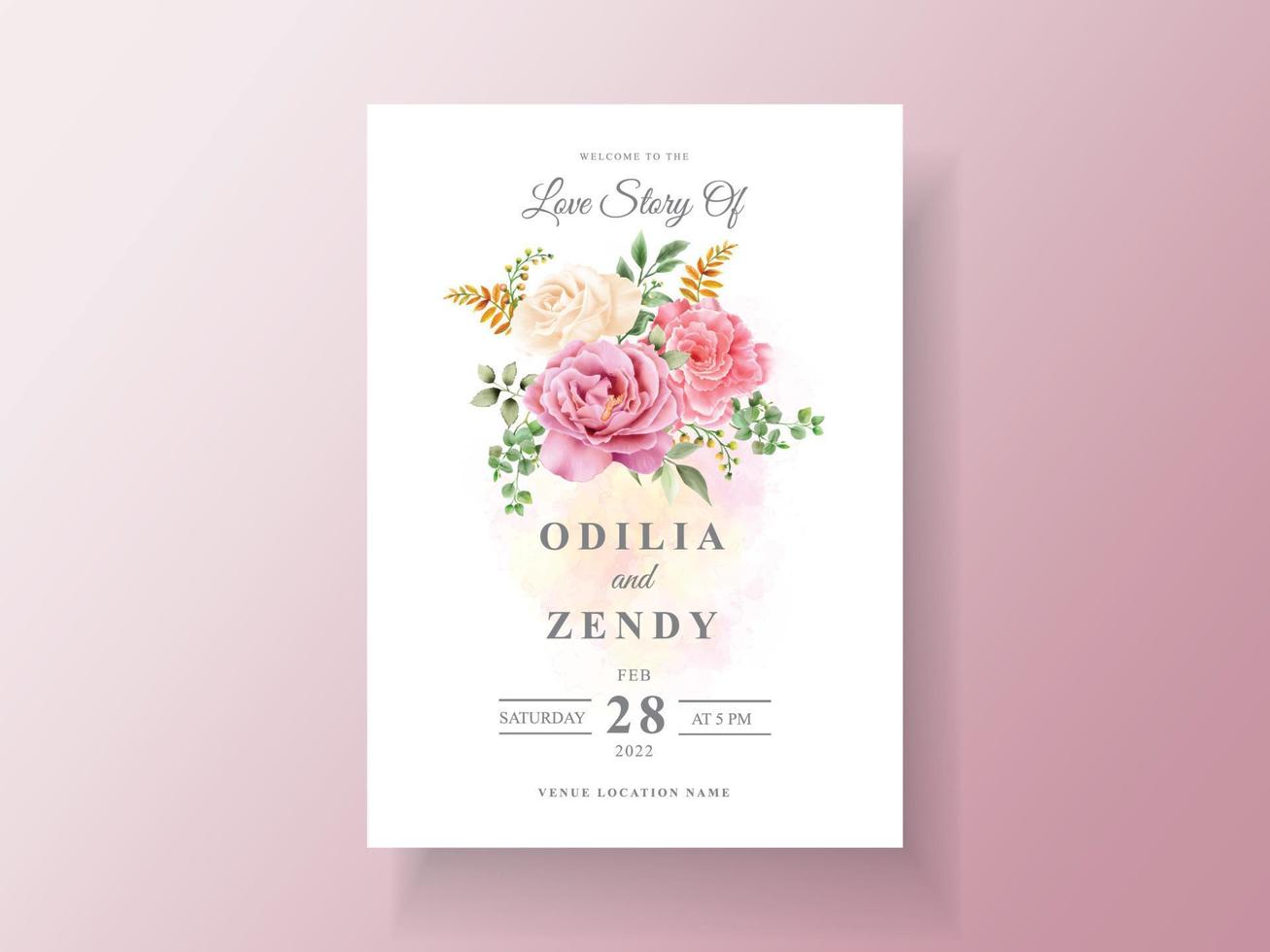 Beautiful pink and yellow flowers wedding invitation card vector