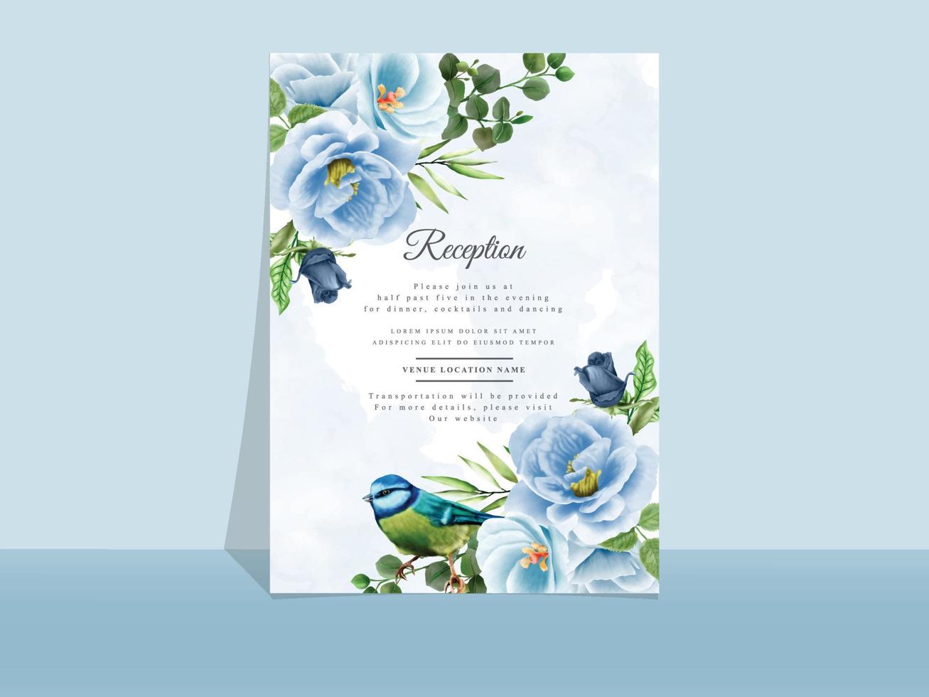 Wedding invitation card template blue flowers theme vector