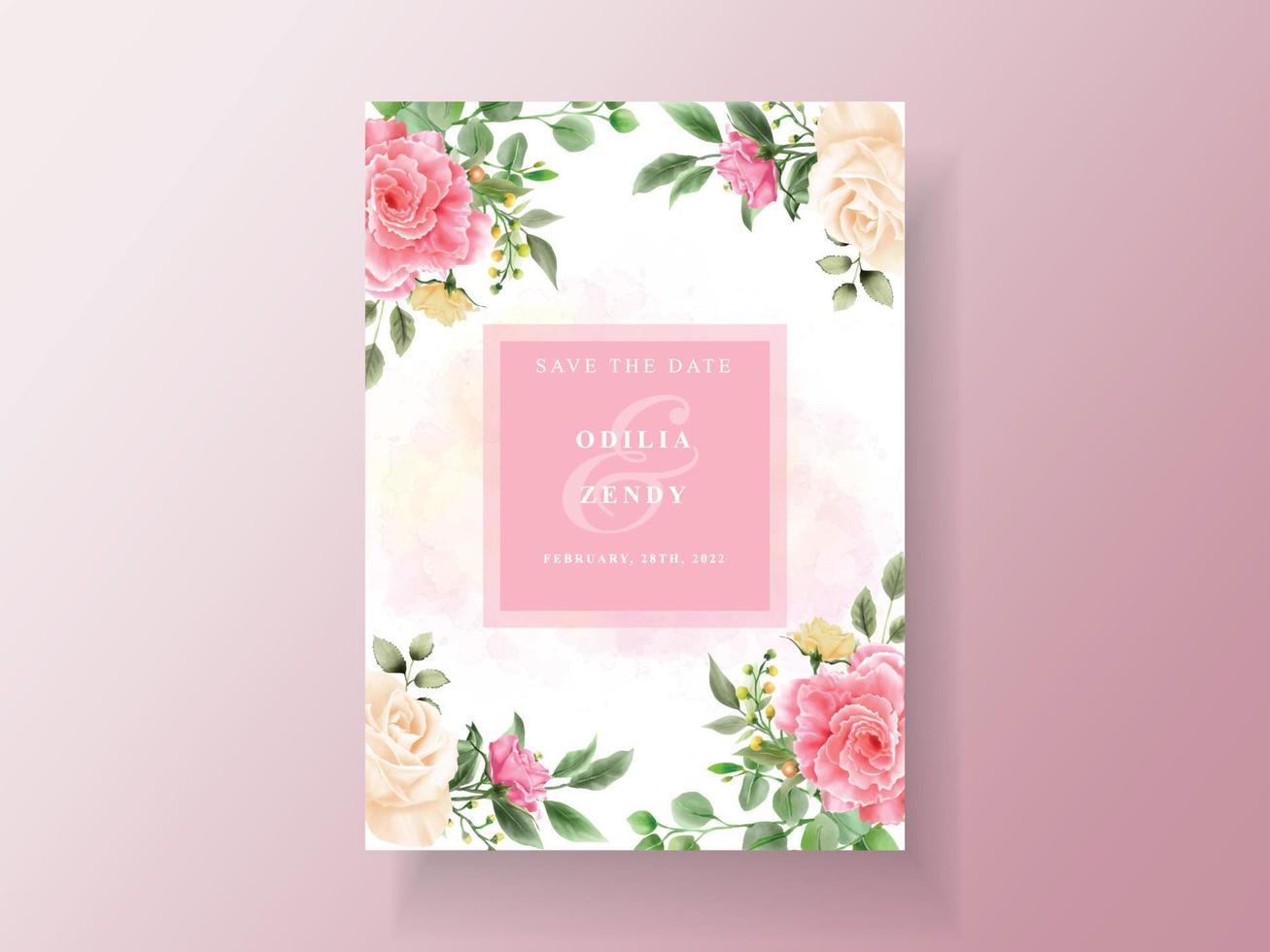 hermosa tarjeta de invitación de boda de flores rosadas y amarillas vector