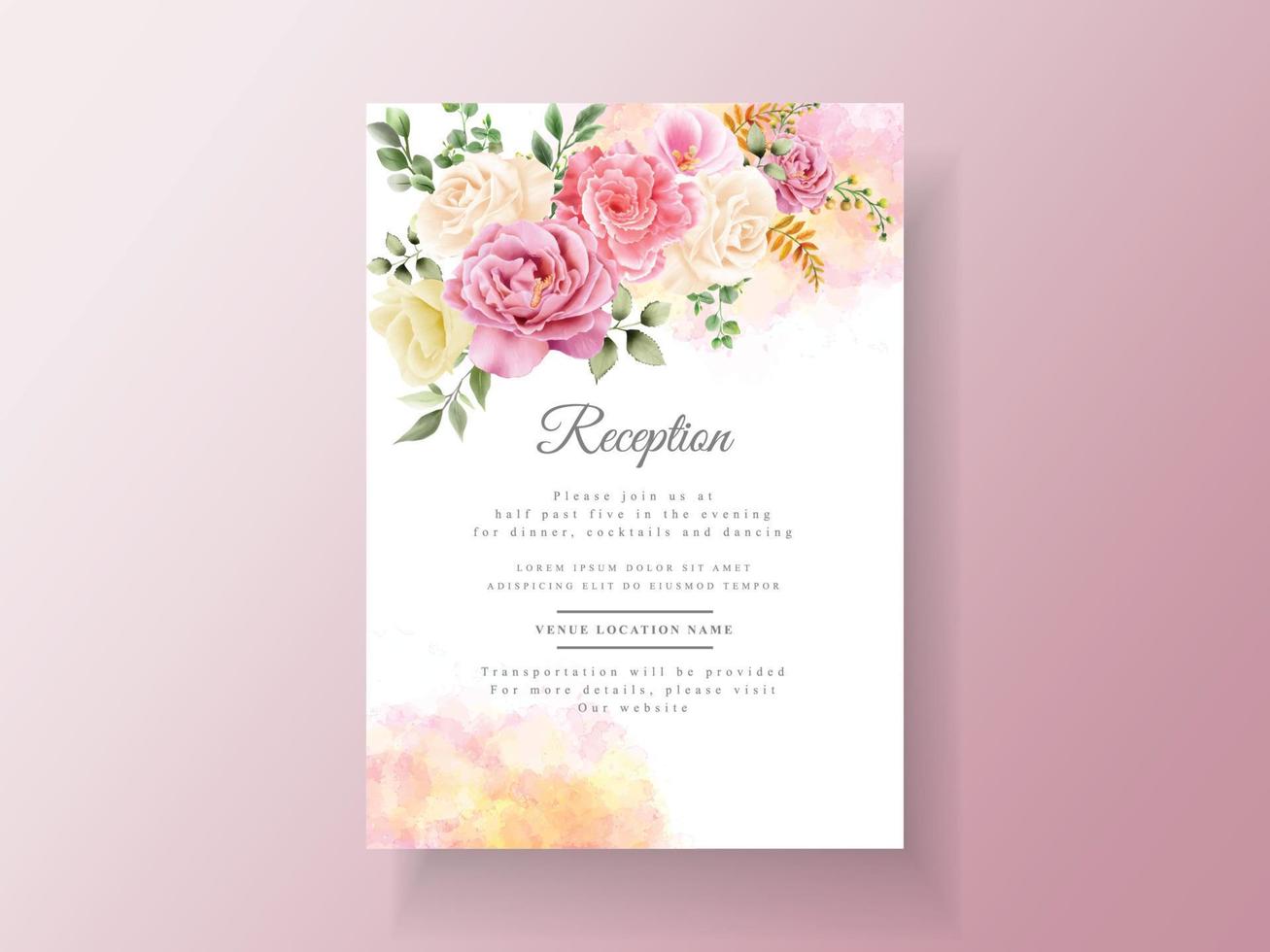 hermosa tarjeta de invitación de boda de flores rosadas y amarillas vector