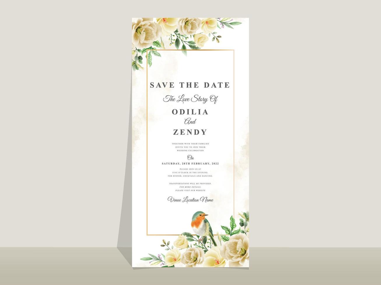 plantilla de tarjeta de invitación de boda tema de flores amarillas vector