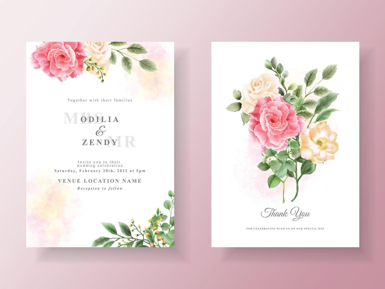 hermosa tarjeta de invitación de boda de flores rosadas y amarillas vector