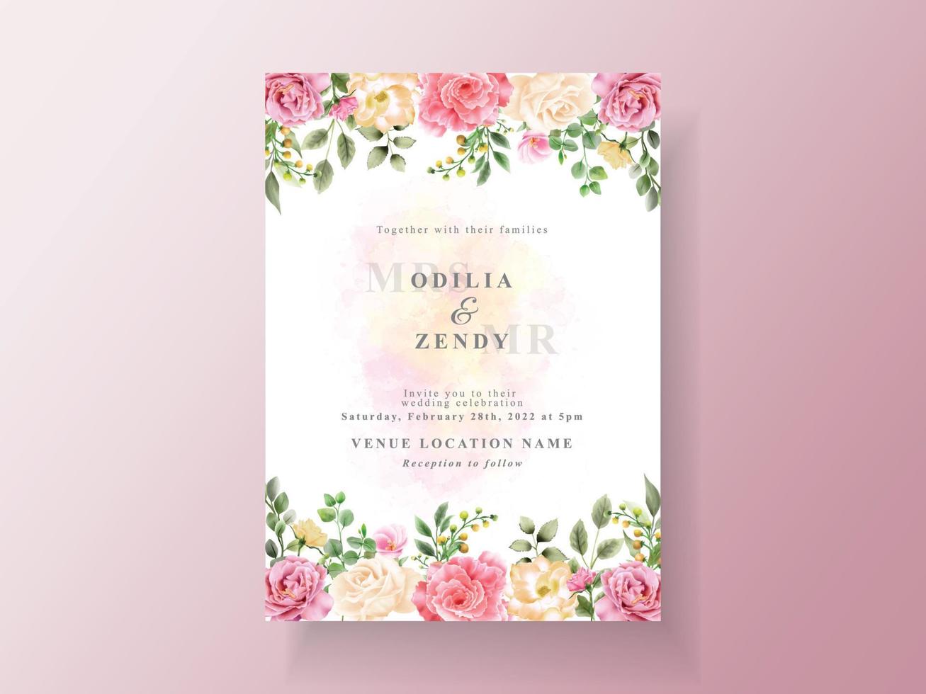 hermosa tarjeta de invitación de boda de flores rosadas y amarillas vector