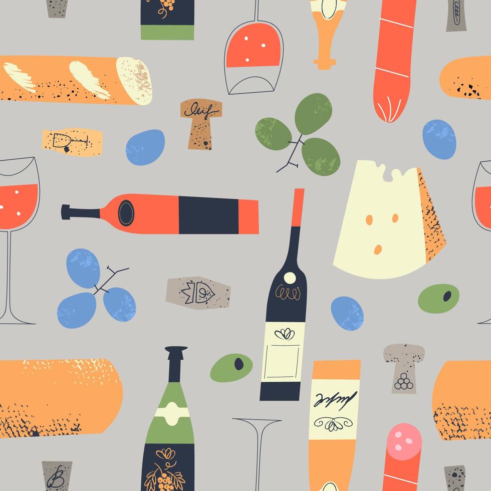 Seamless pattern of wine bottles, corks, glasses and food. Vector illustration.