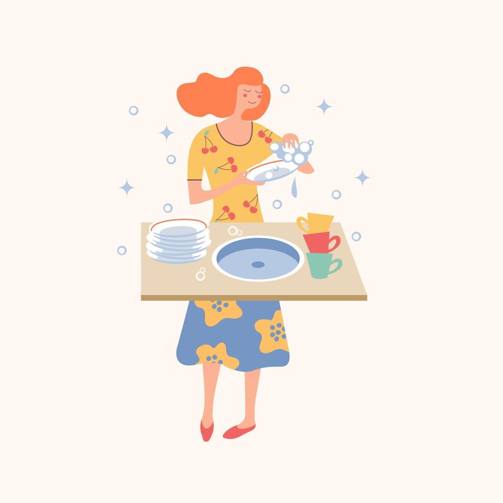 Homework. A girl washes dishes. Vector illustration.